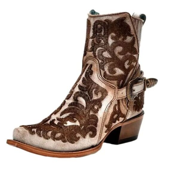 NIB Corral Distressed Beige/Brown 3D Bristle Embroidered Ankle Boots - Picture 4 of 14